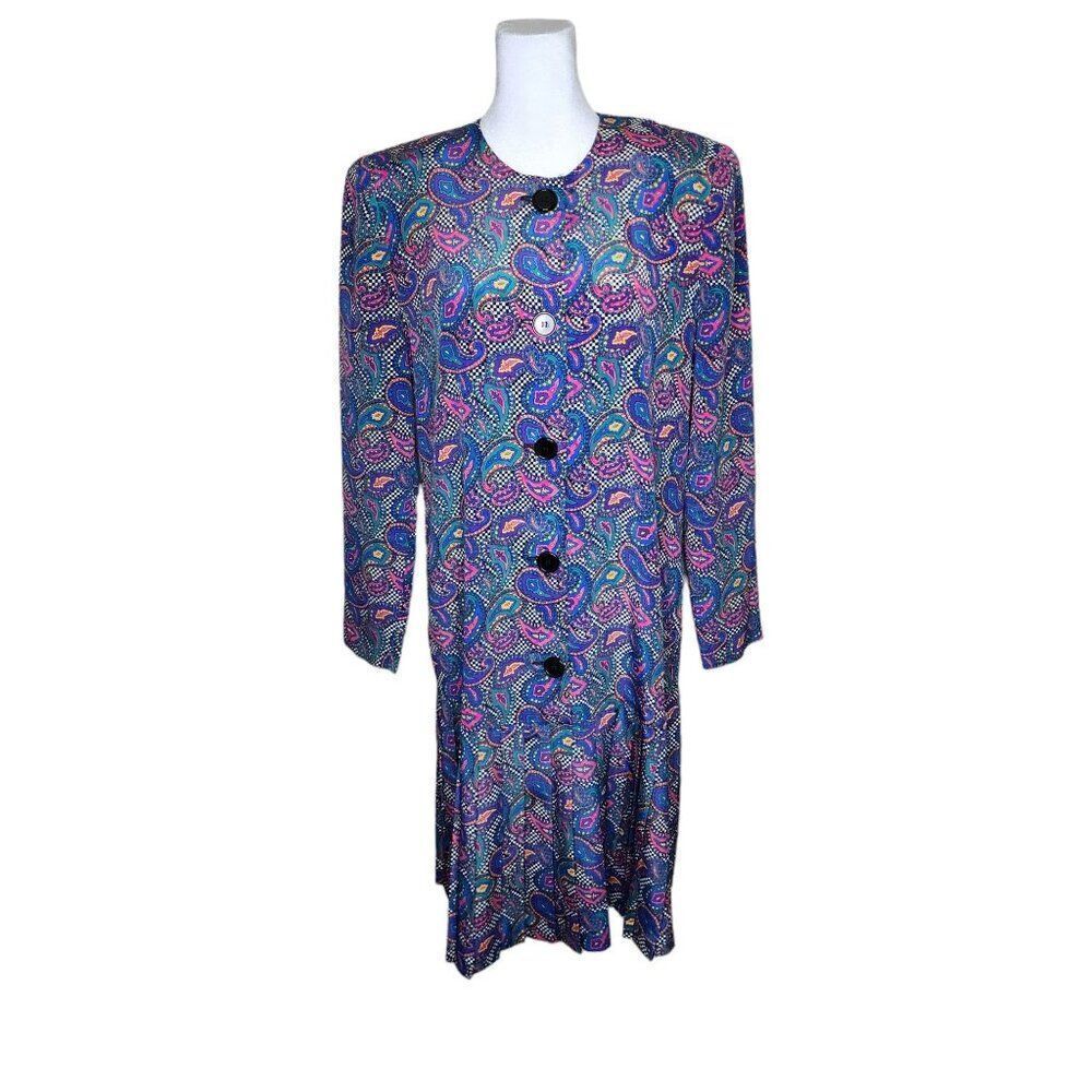 Vintage 80s Leslie Fay Drop Waist Pleated Paisley Dress Womens Size 12 Purple
